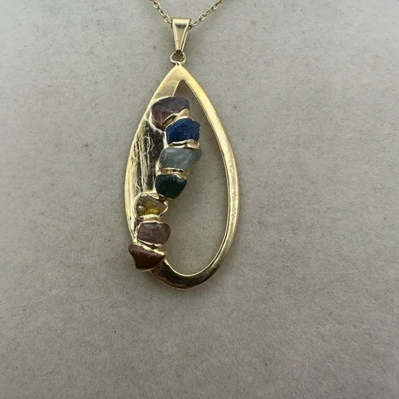 Oval/Teardrop Gold Plated Chakra Stone Pendant Necklace on Box Chain - Picture 3 of 7